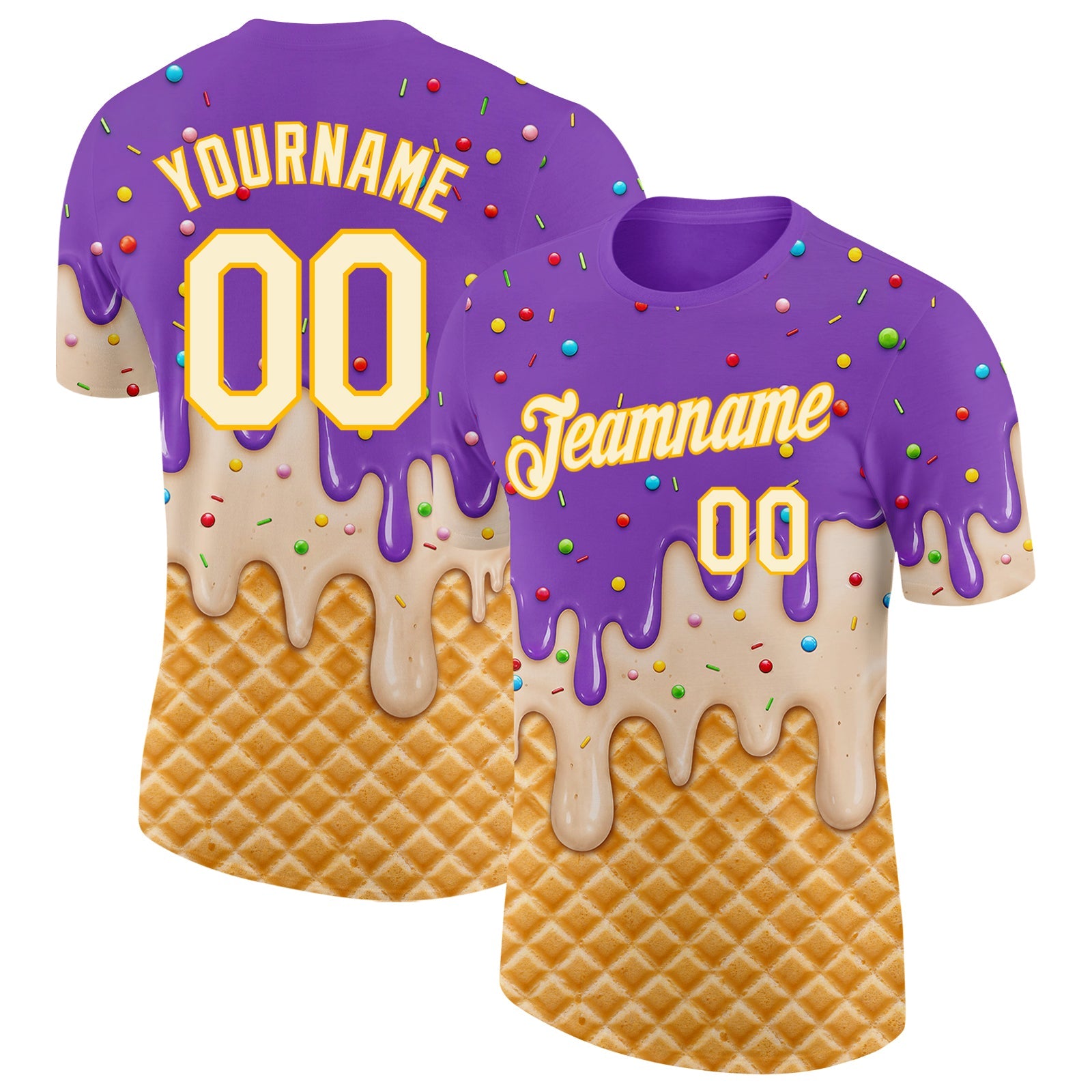 Custom Medium Purple Cream-Gold Ice Cream Waffle Foodie Dessert Performance T-Shirt - Main View