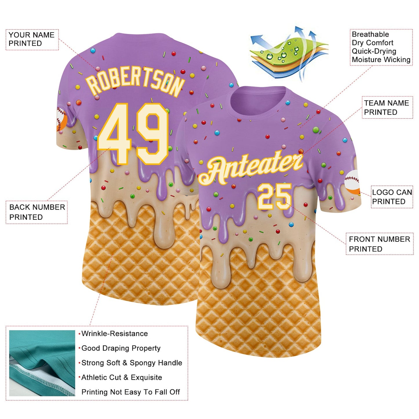 Custom Light Purple Cream-Gold Ice Cream Waffle Foodie Dessert Performance T-Shirt view 2