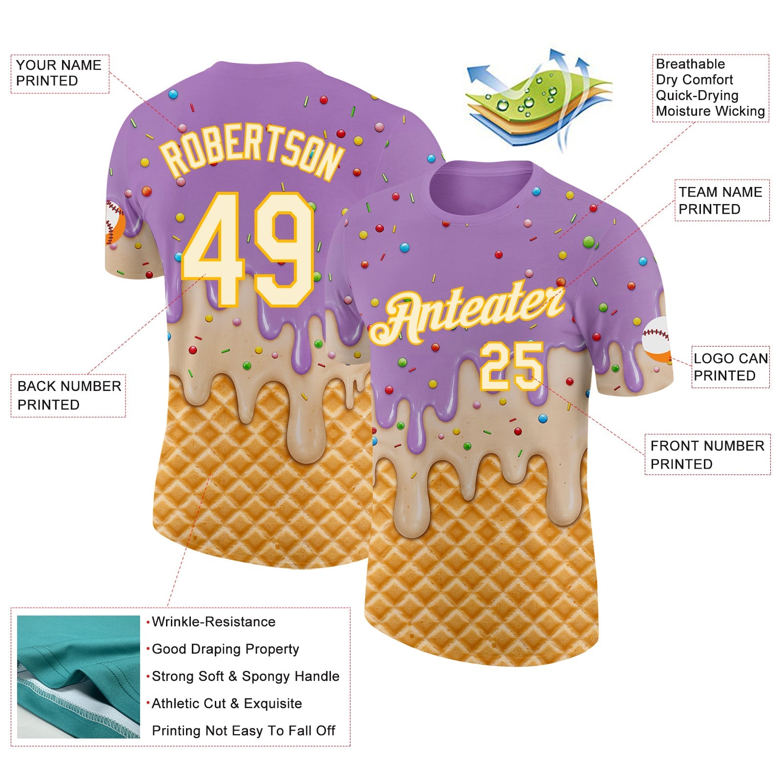 Custom Light Purple Cream-Gold Ice Cream Waffle Foodie Dessert Performance T-Shirt view 2