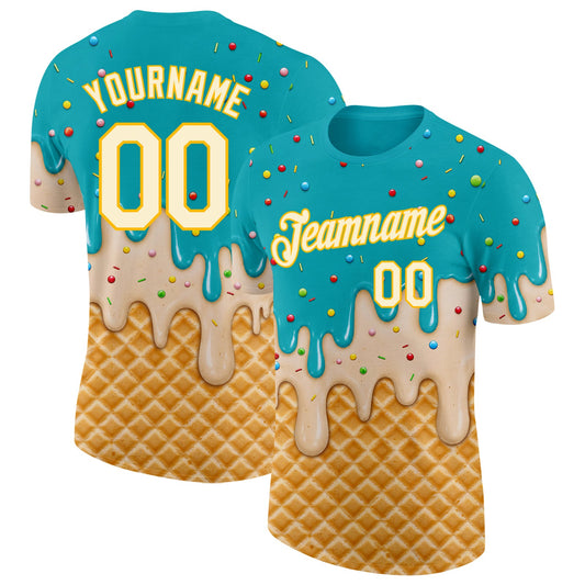 Custom Aqua Cream-Gold Ice Cream Waffle Foodie Dessert Performance T-Shirt - Main View