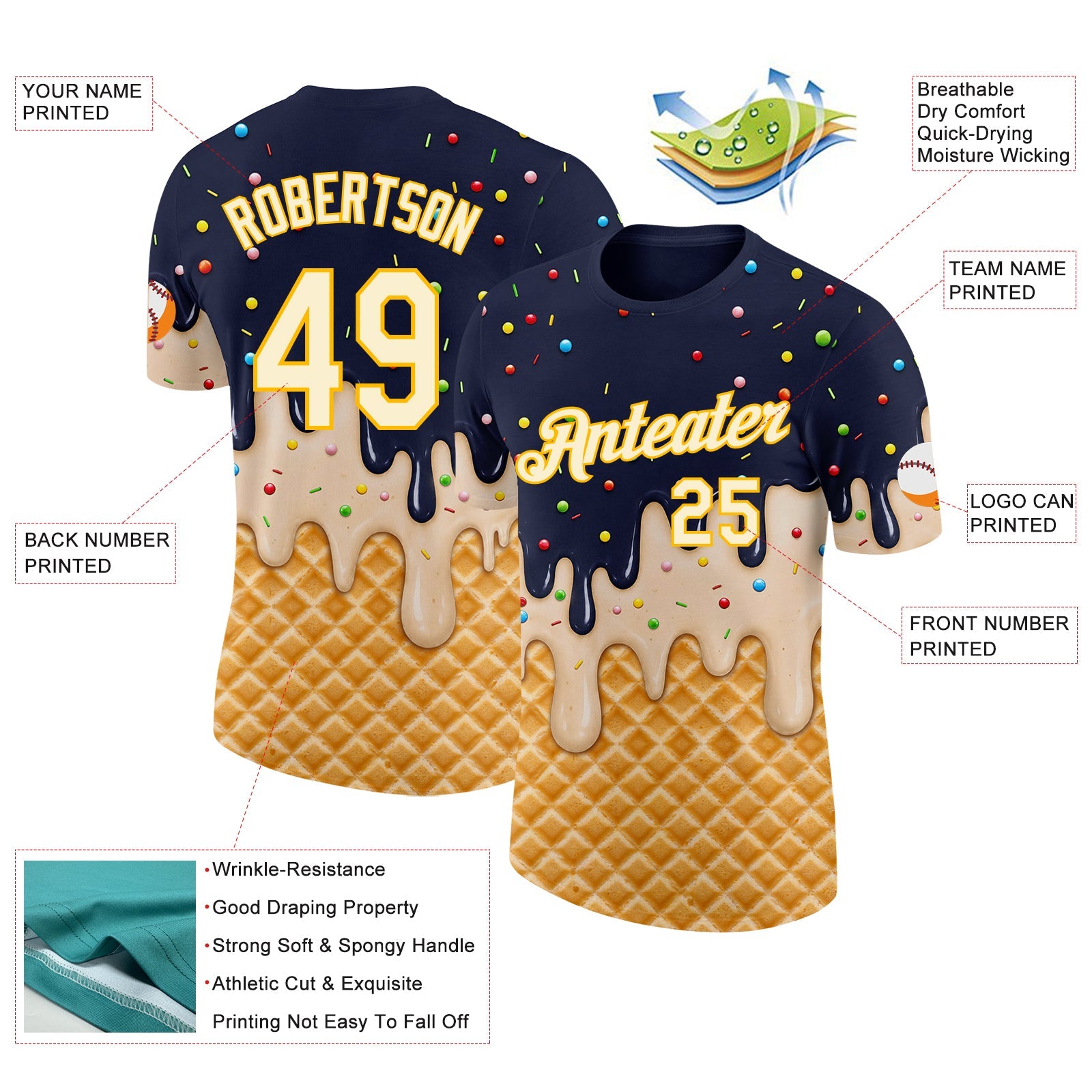 Custom Navy Cream-Gold Ice Cream Waffle Foodie Dessert Performance T-Shirt view 2