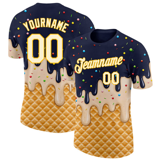 Custom Navy Cream-Gold Ice Cream Waffle Foodie Dessert Performance T-Shirt - Main View
