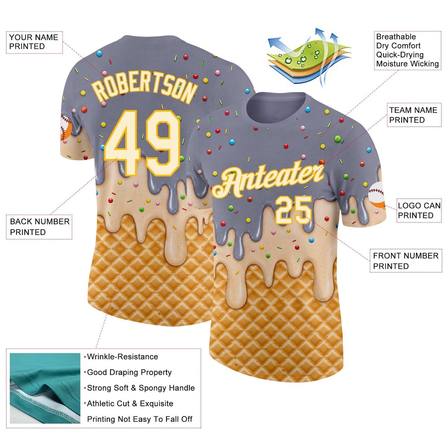Custom Gray Cream-Gold Ice Cream Waffle Foodie Dessert Performance T-Shirt view 2