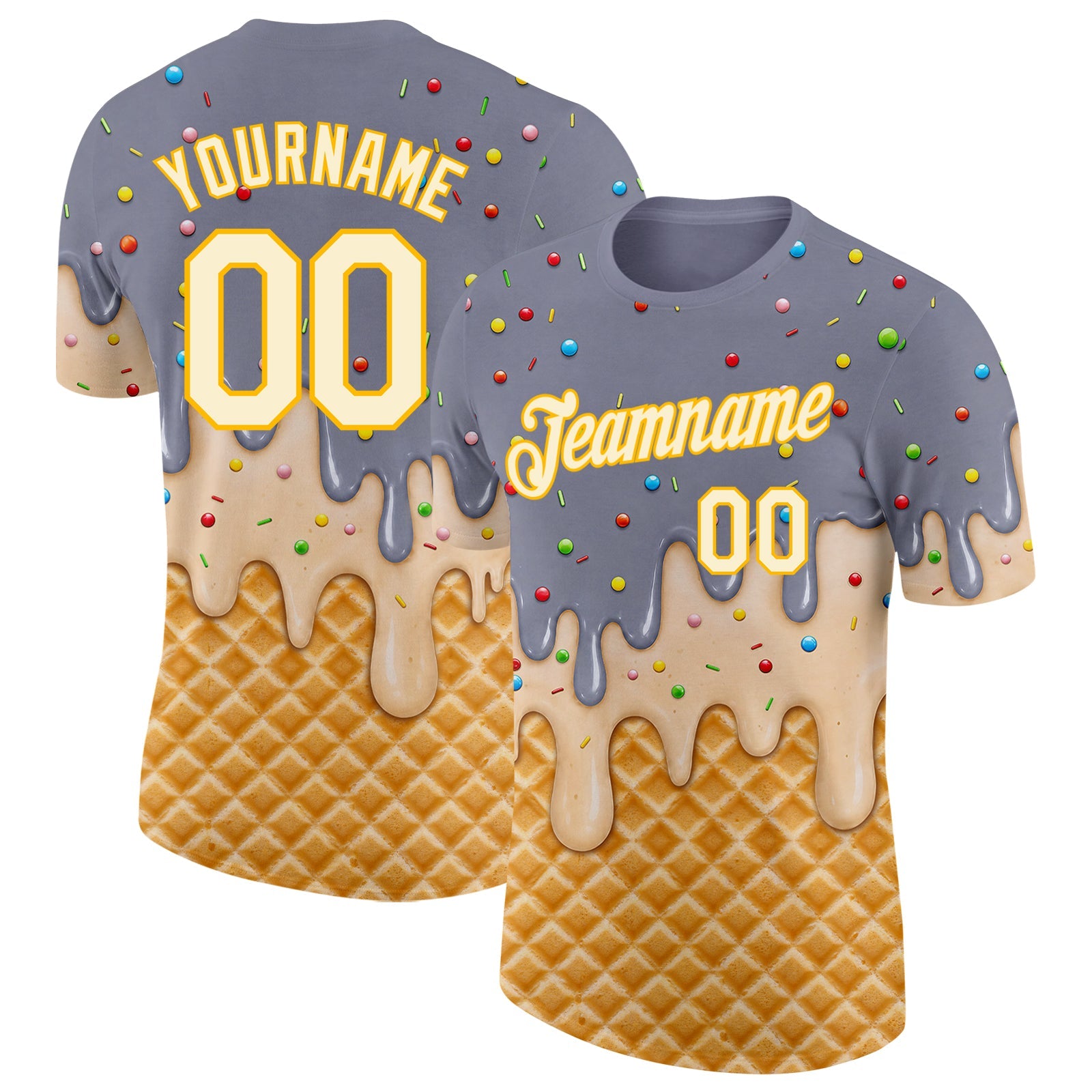 Custom Gray Cream-Gold Ice Cream Waffle Foodie Dessert Performance T-Shirt - Main View