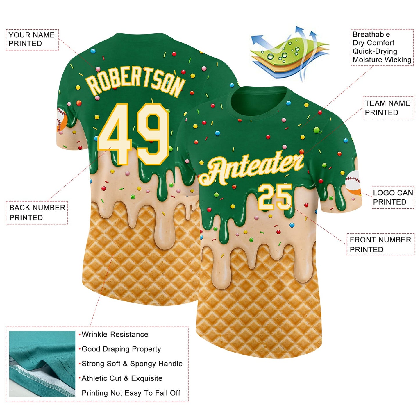 Custom Kelly Green Cream-Gold Ice Cream Waffle Foodie Dessert Performance T-Shirt view 2