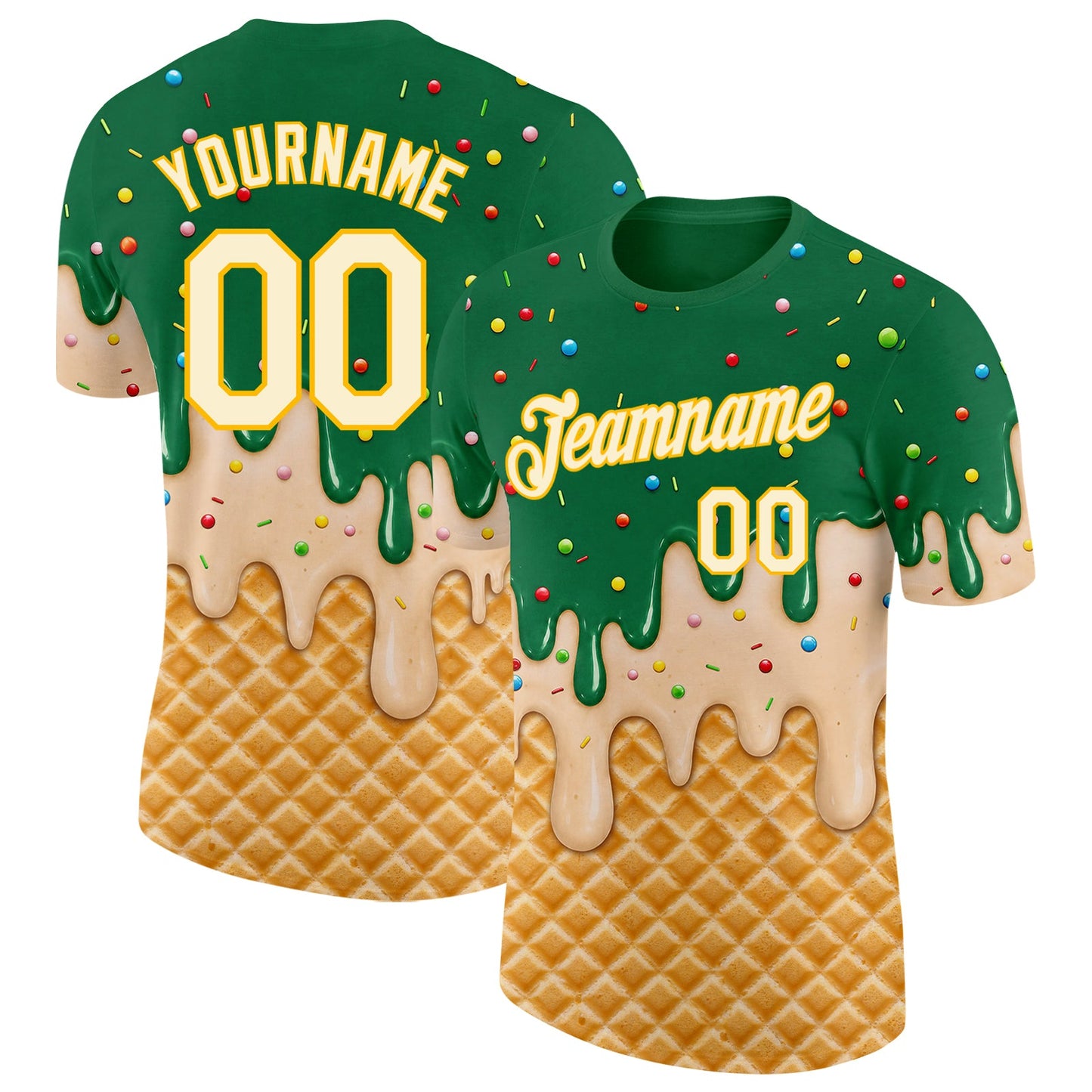 Custom Kelly Green Cream-Gold Ice Cream Waffle Foodie Dessert Performance T-Shirt - Main View