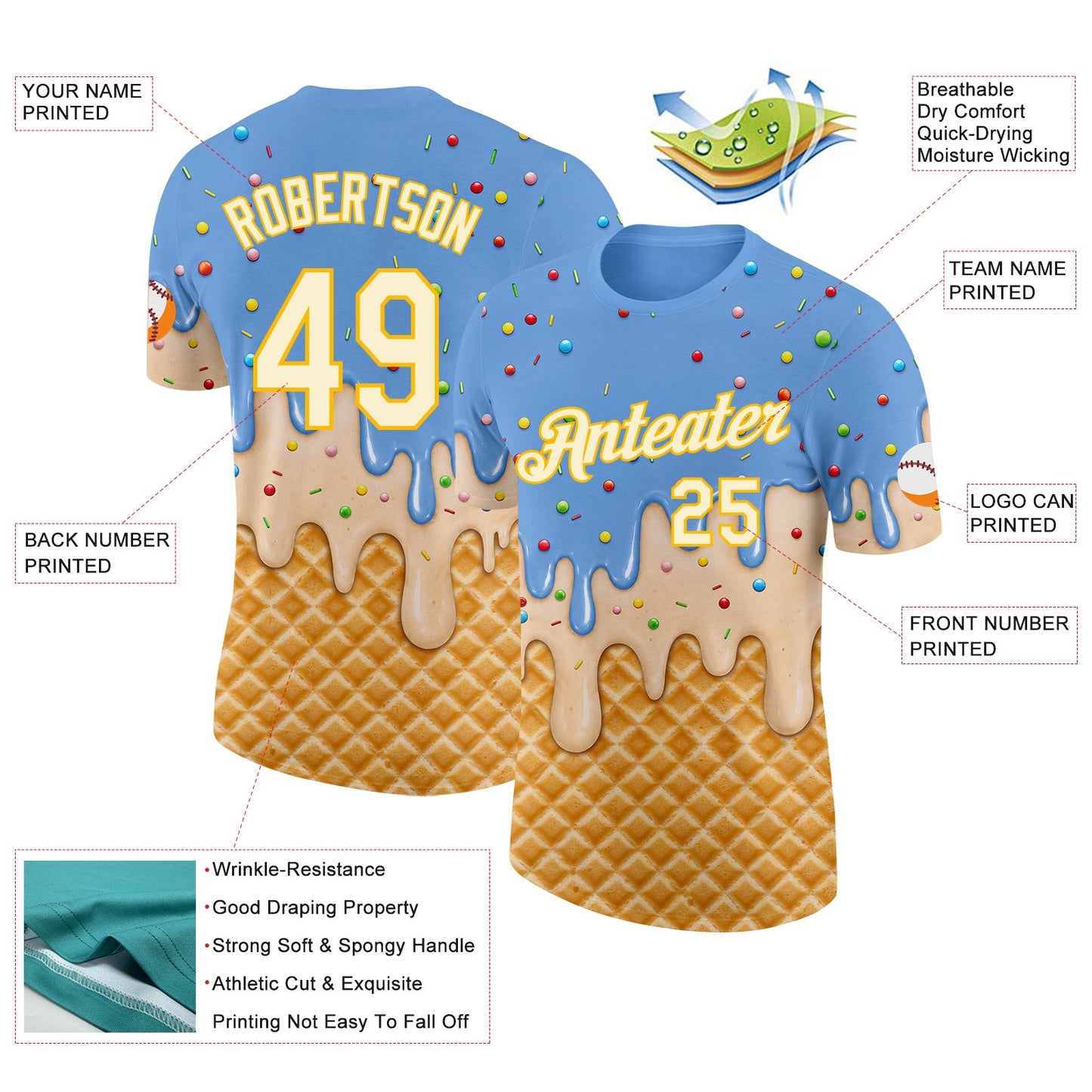 Custom Light Blue Cream-Gold Ice Cream Waffle Foodie Dessert Performance T-Shirt view 2