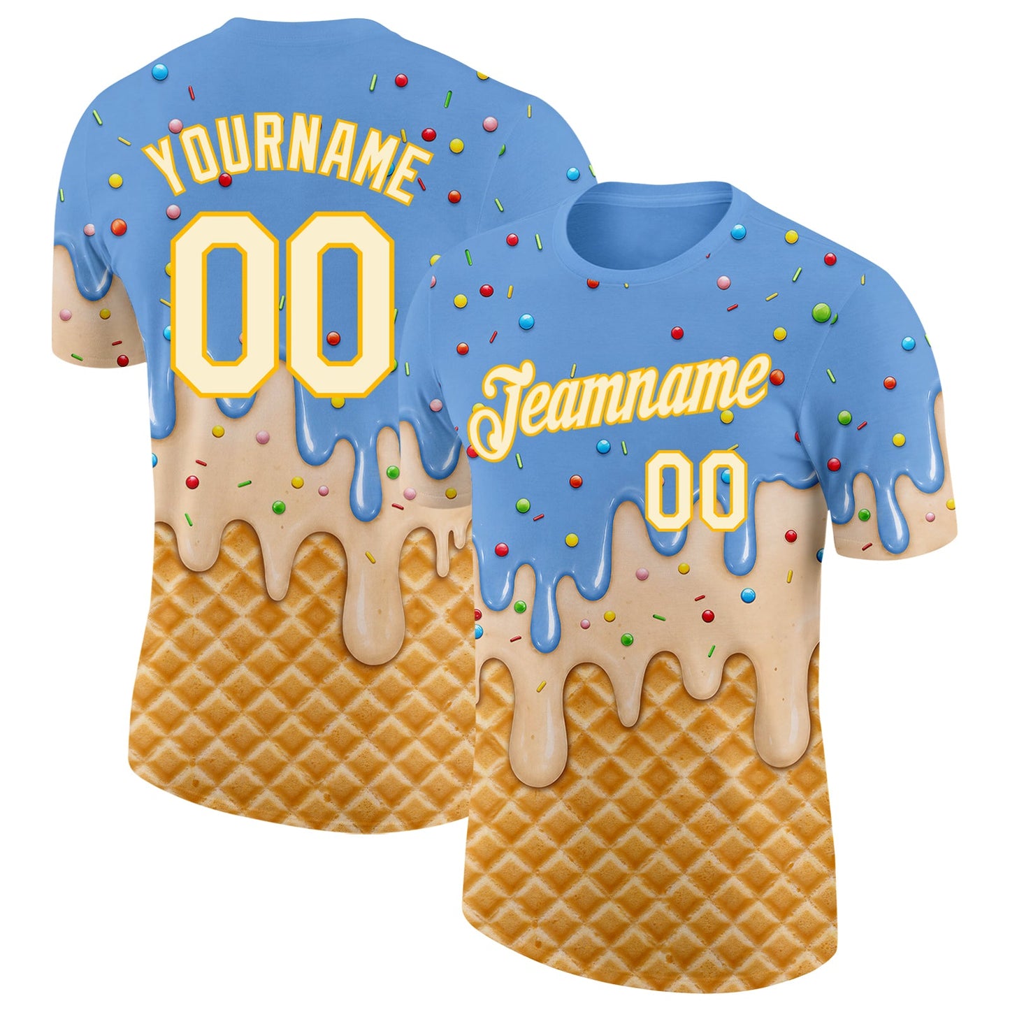 Custom Light Blue Cream-Gold Ice Cream Waffle Foodie Dessert Performance T-Shirt - Main View