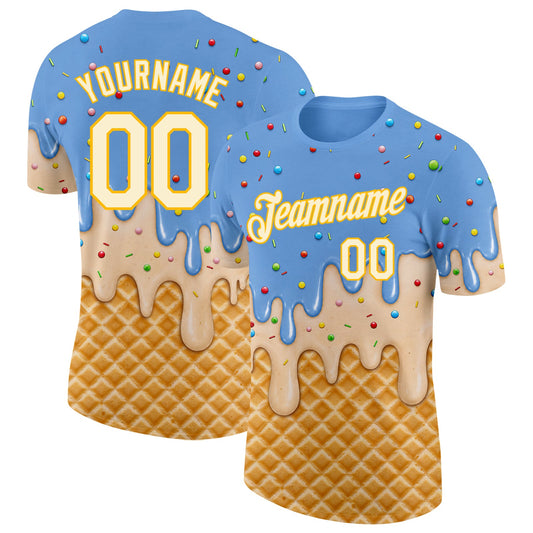 Custom Light Blue Cream-Gold Ice Cream Waffle Foodie Dessert Performance T-Shirt - Main View