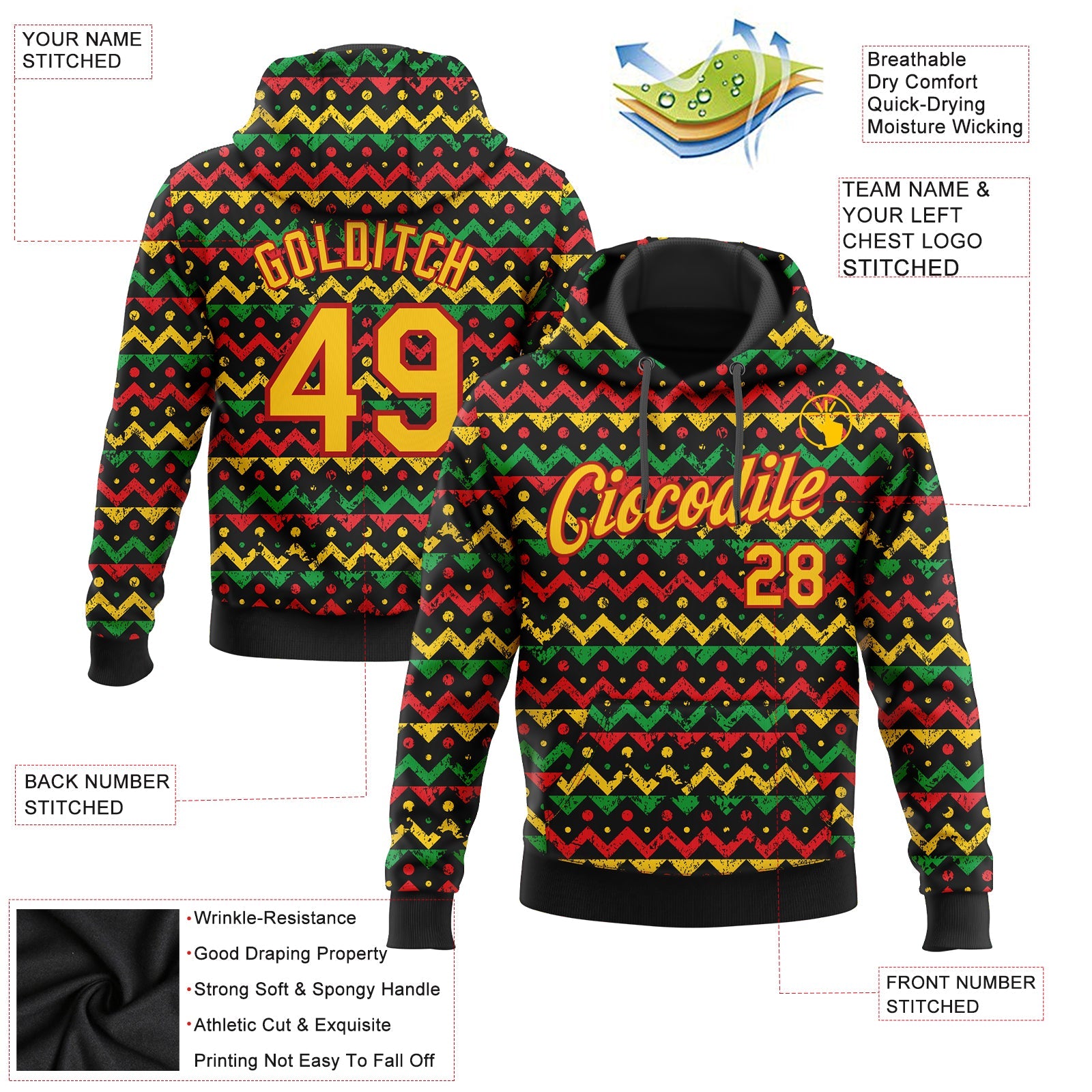 Custom Stitched Black Yellow-Red 3D Pattern Design Black History Month Sports Pullover Sweatshirt Hoodie view 2