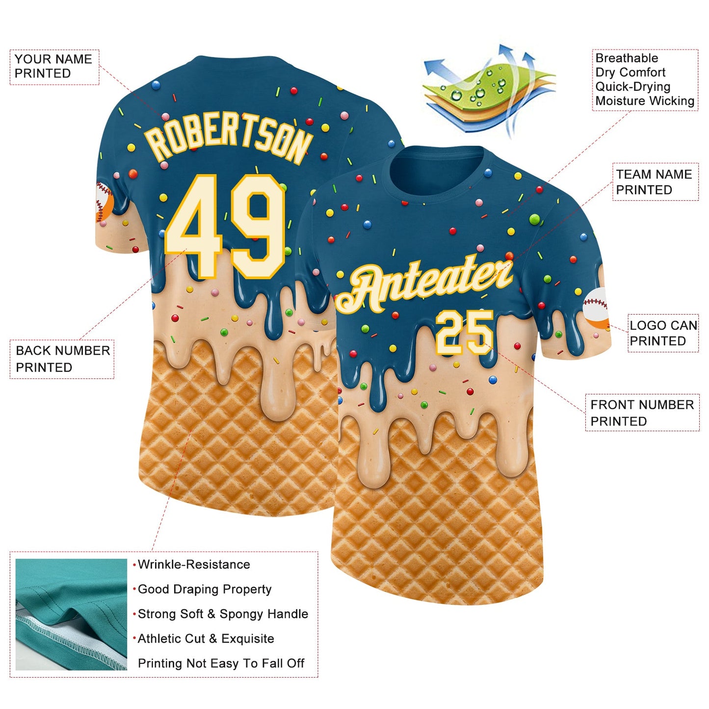 Custom Teal Cream-Gold Ice Cream Waffle Foodie Dessert Performance T-Shirt view 2