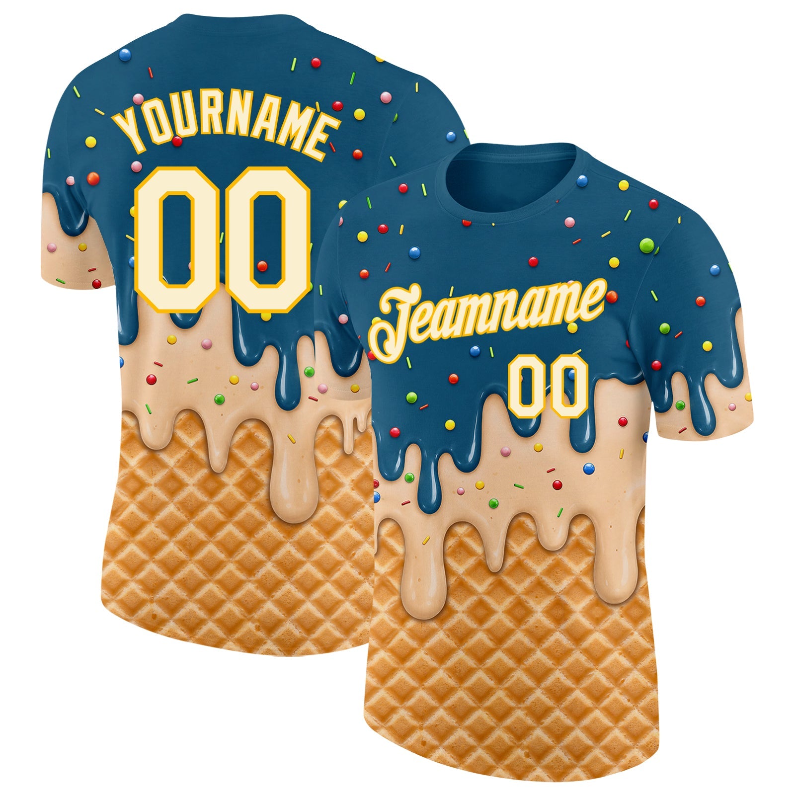 Custom Teal Cream-Gold Ice Cream Waffle Foodie Dessert Performance T-Shirt - Main View