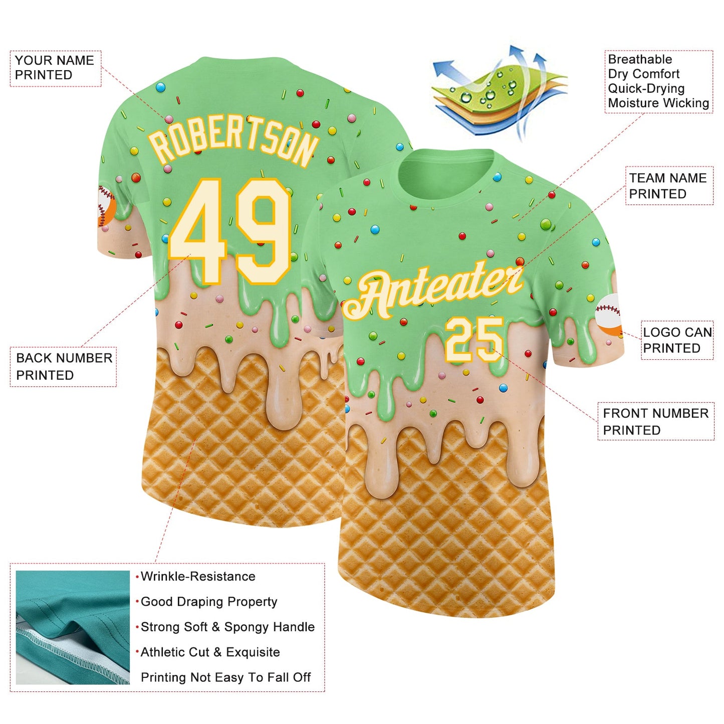 Custom Pea Green Cream-Gold Ice Cream Waffle Foodie Dessert Performance T-Shirt view 2