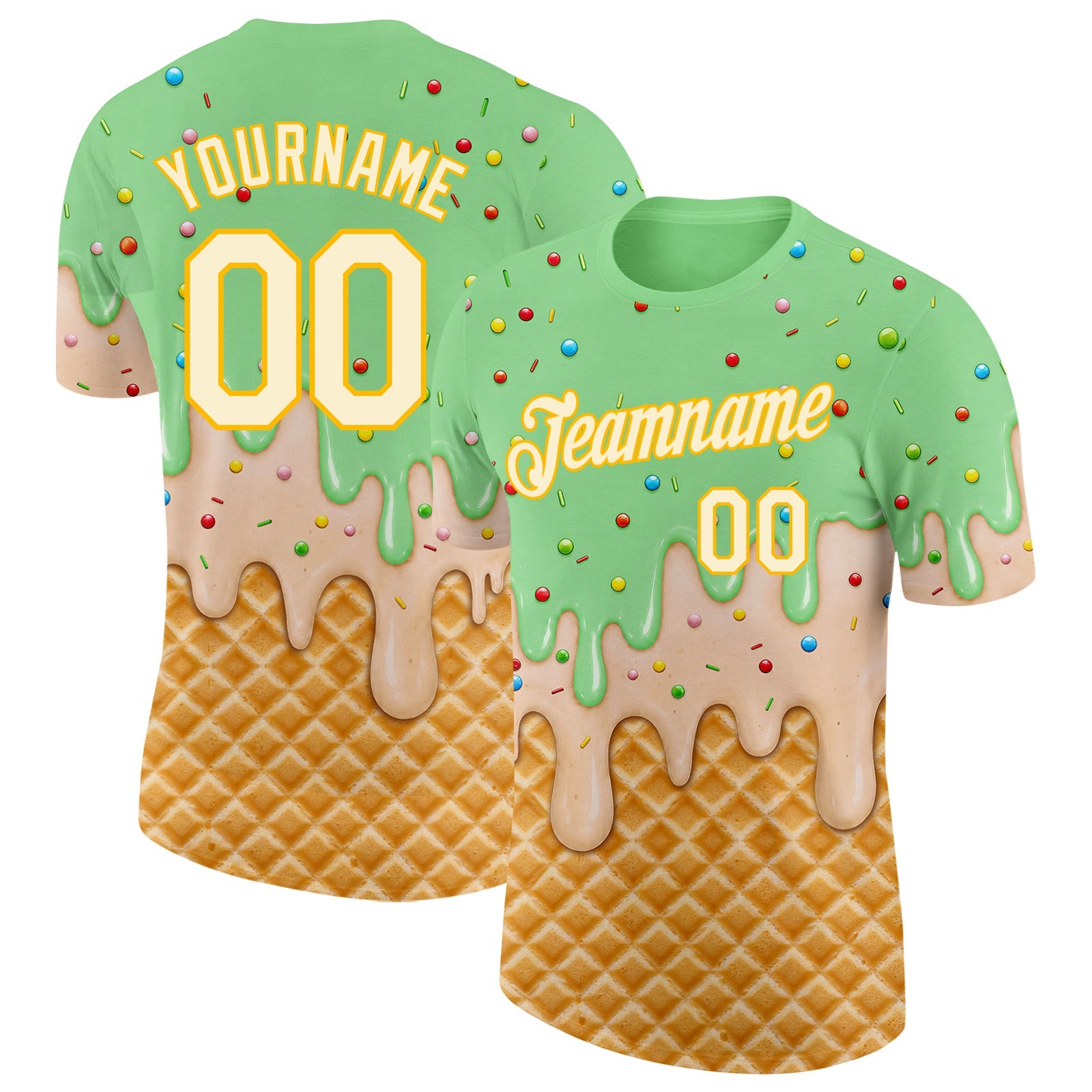 Custom Pea Green Cream-Gold Ice Cream Waffle Foodie Dessert Performance T-Shirt - Main View