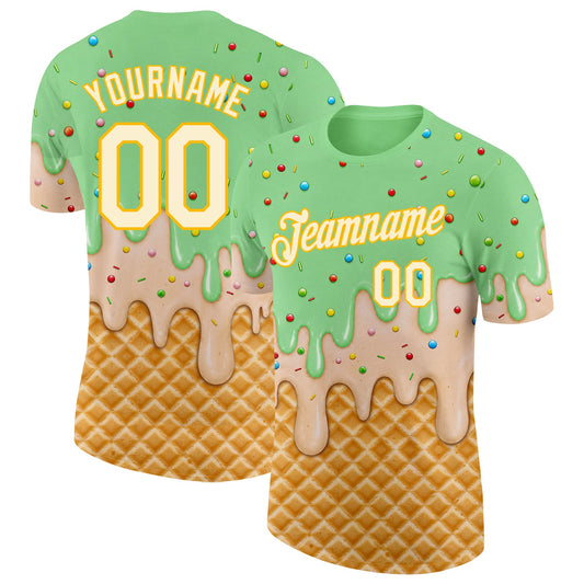 Custom Pea Green Cream-Gold Ice Cream Waffle Foodie Dessert Performance T-Shirt - Main View