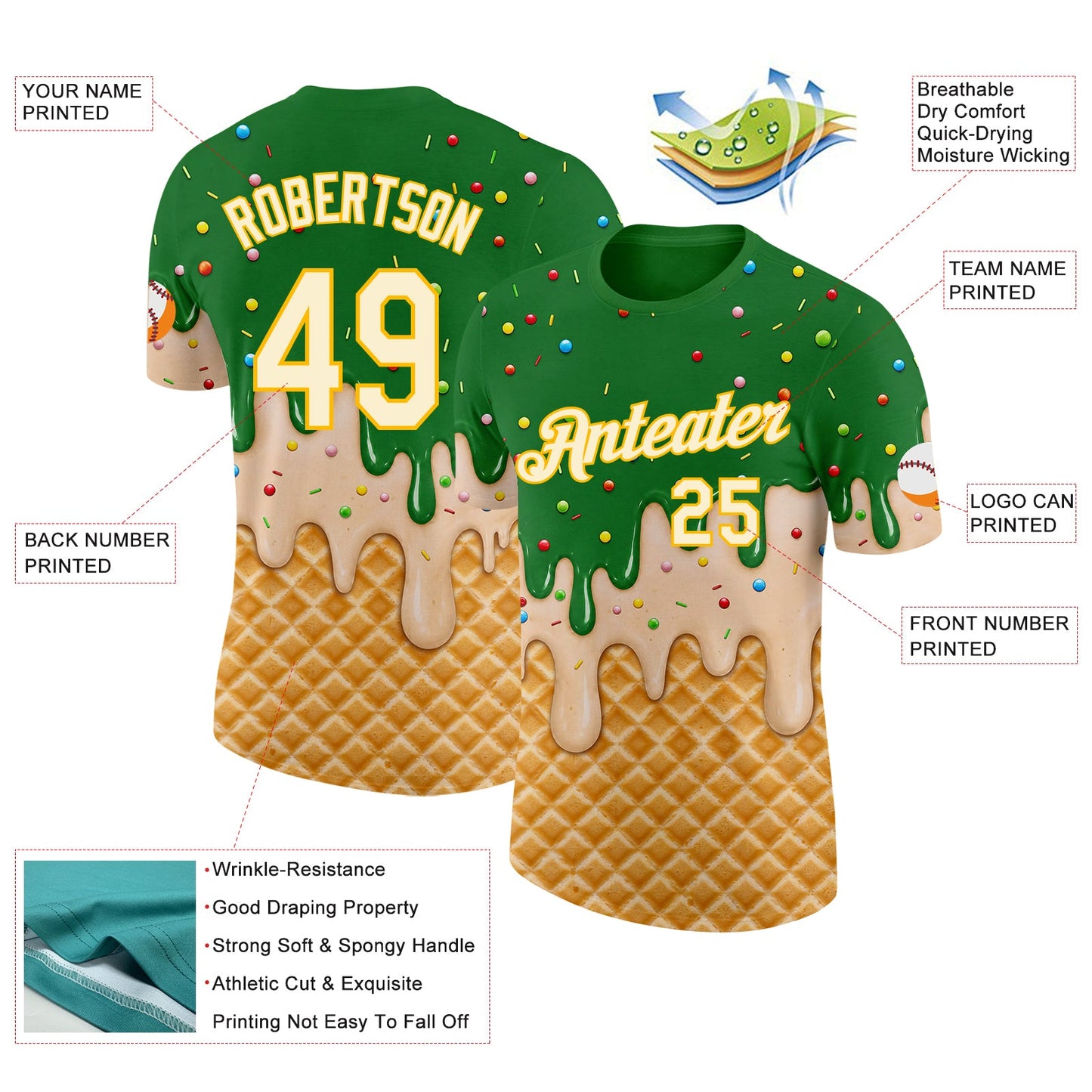 Custom Grass Green Cream-Gold Ice Cream Waffle Foodie Dessert Performance T-Shirt view 2