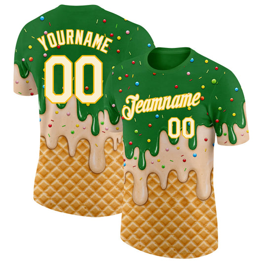 Custom Grass Green Cream-Gold Ice Cream Waffle Foodie Dessert Performance T-Shirt - Main View
