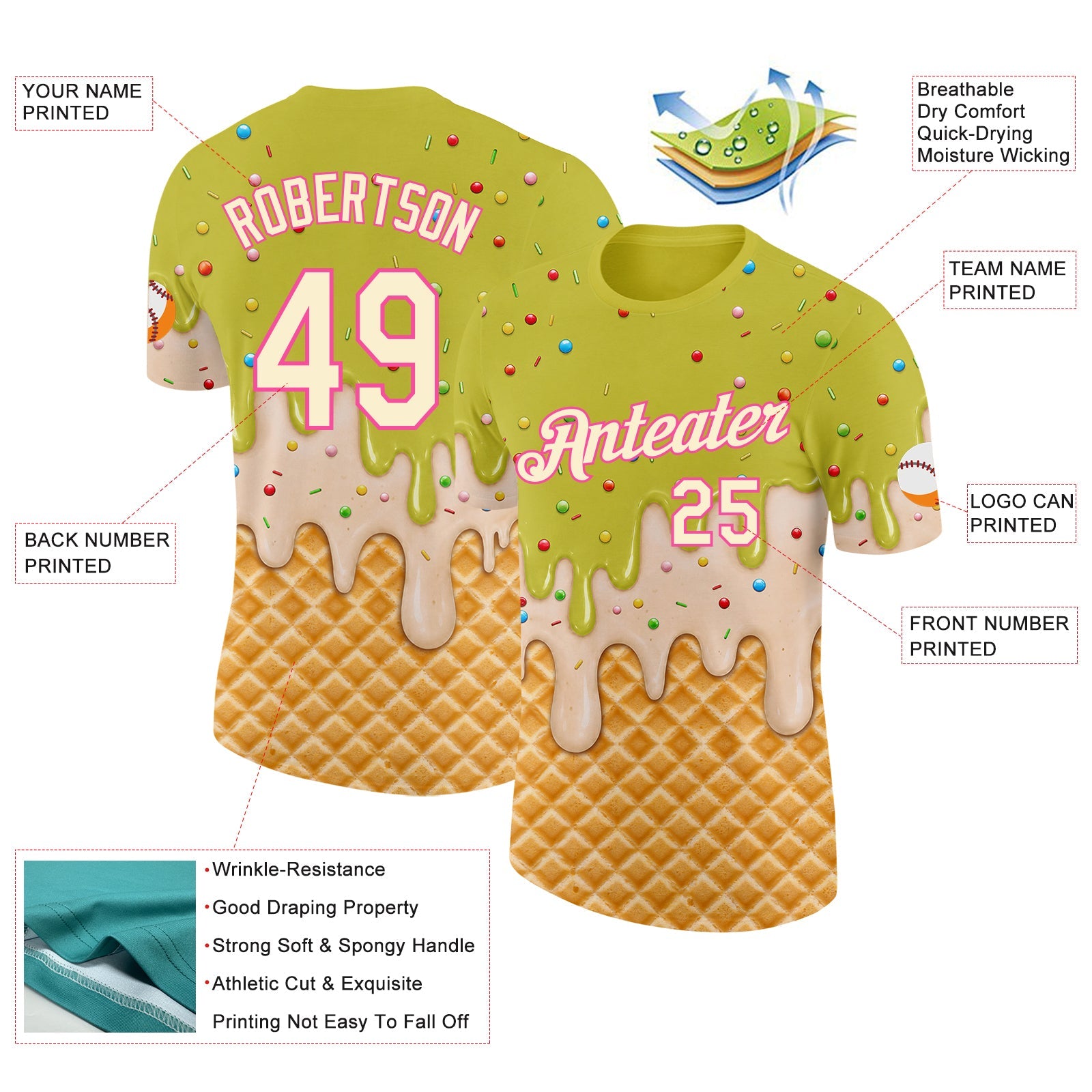 Custom Neon Yellow Cream-Pink Ice Cream Waffle Foodie Dessert Performance T-Shirt view 2