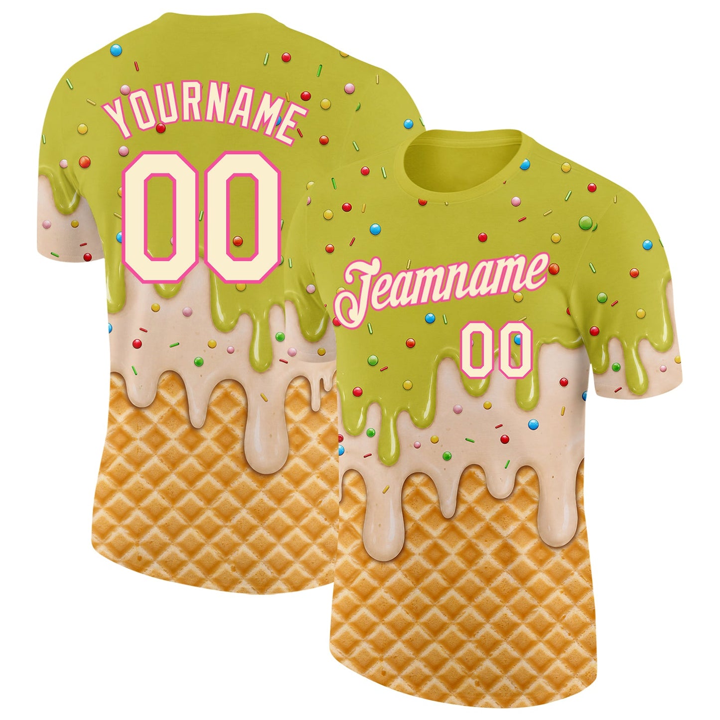 Custom Neon Yellow Cream-Pink Ice Cream Waffle Foodie Dessert Performance T-Shirt - Main View
