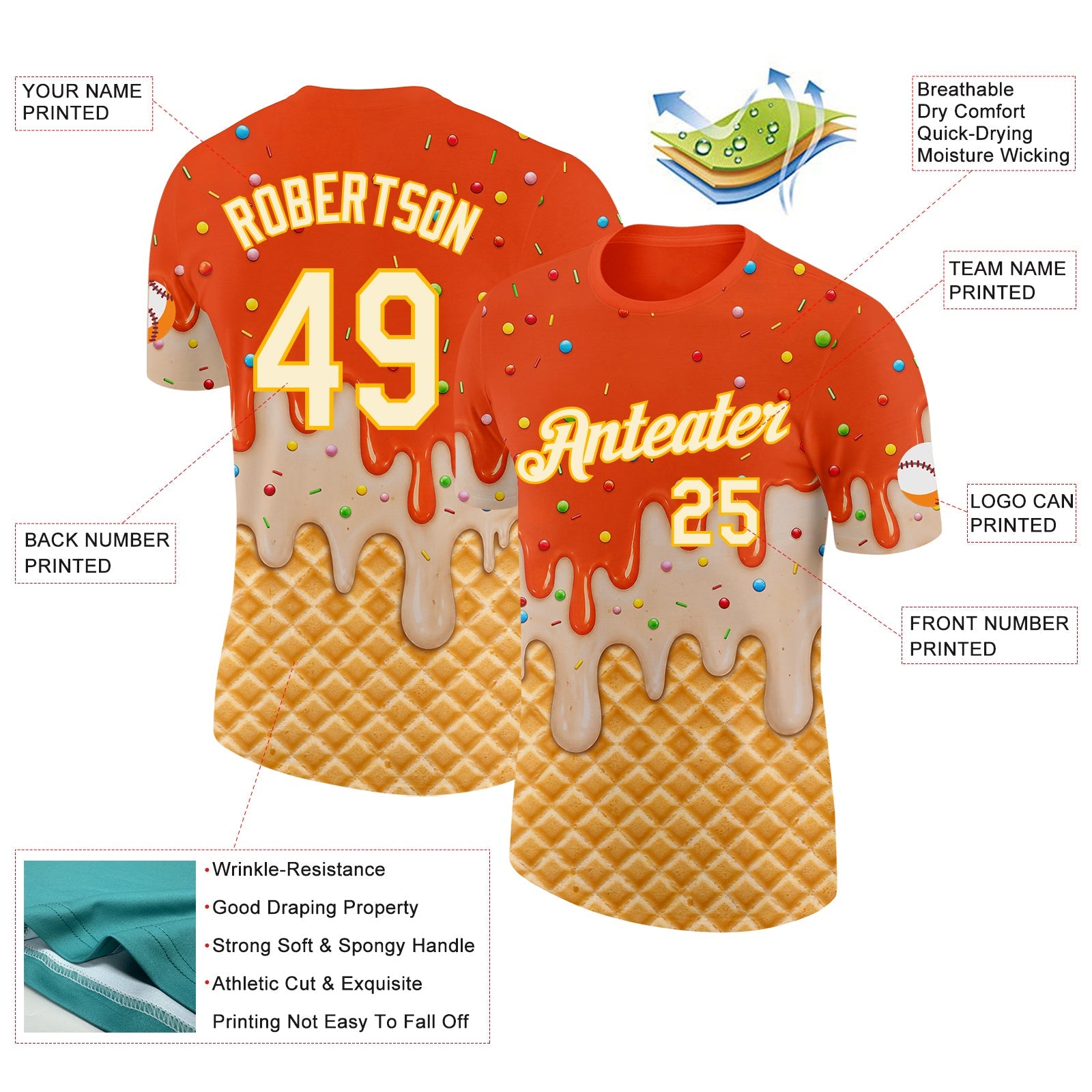 Custom Orange Cream-Gold Ice Cream Waffle Foodie Dessert Performance T-Shirt view 2