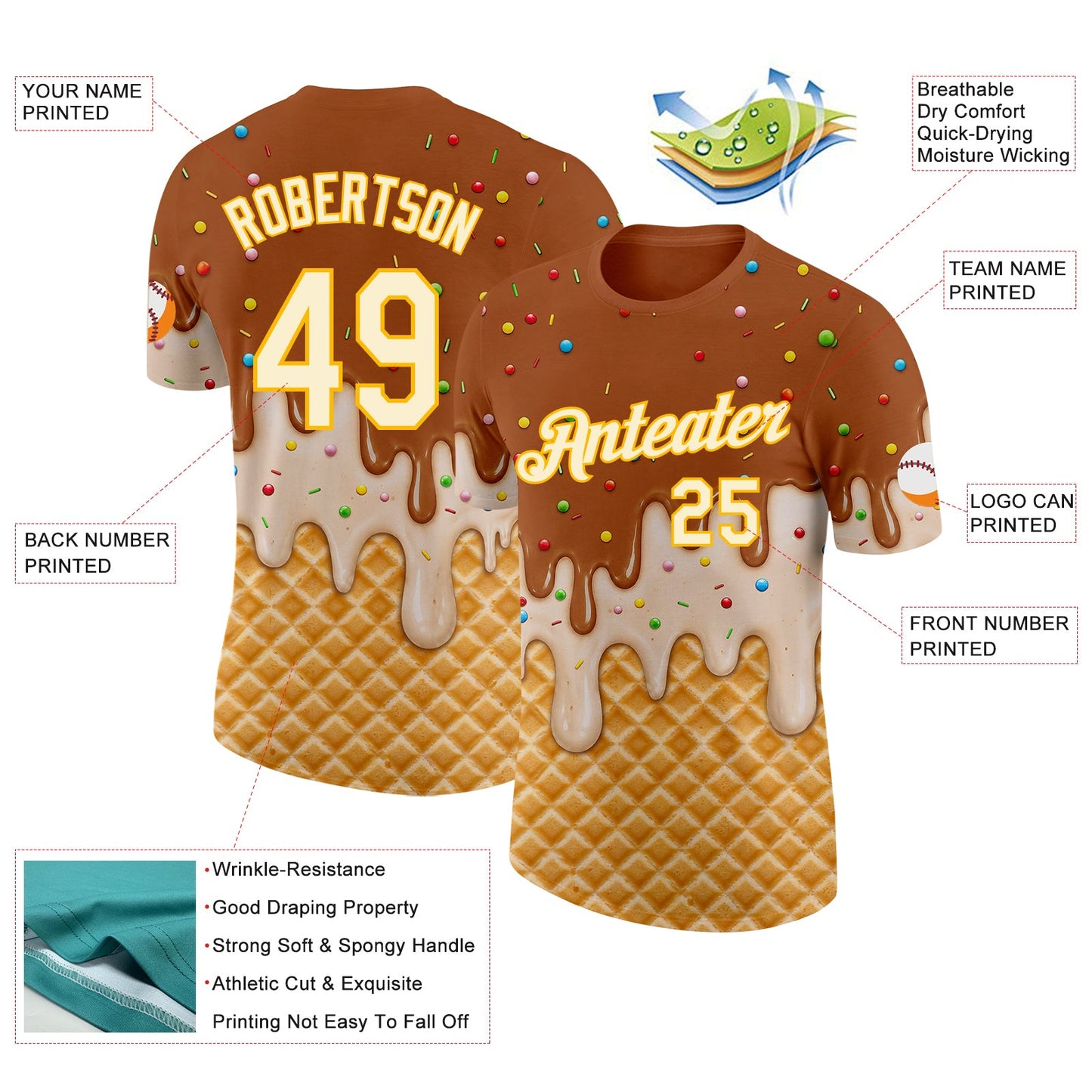 Custom Chocolate Brown Cream-Gold Ice Cream Waffle Foodie Dessert Performance T-Shirt view 2