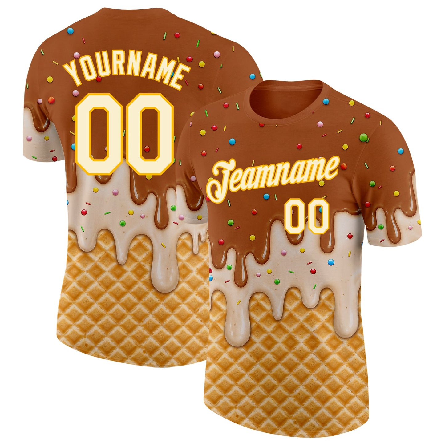 Custom Chocolate Brown Cream-Gold Ice Cream Waffle Foodie Dessert Performance T-Shirt - Main View
