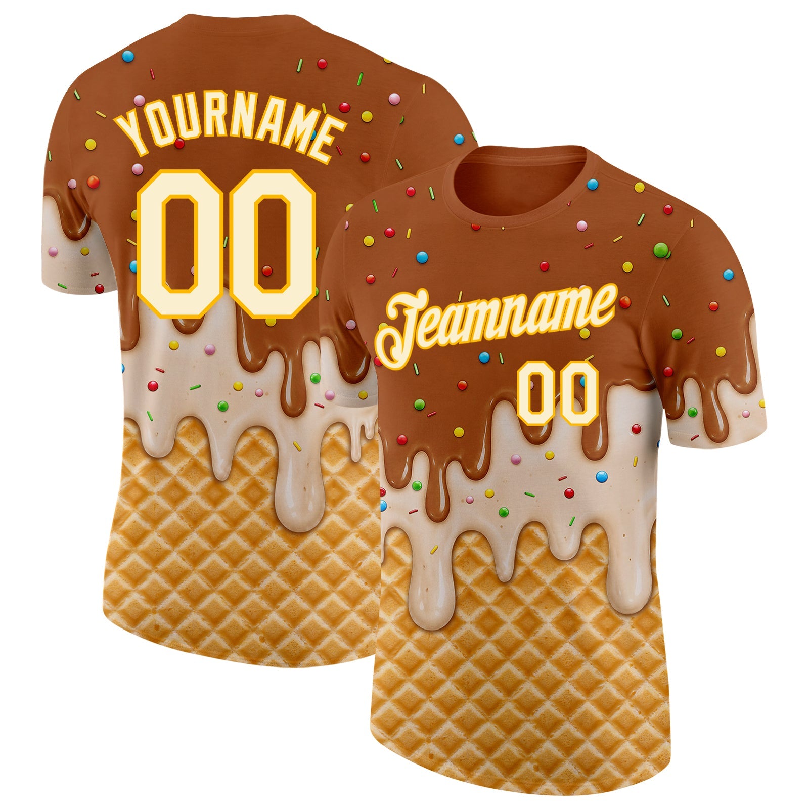 Custom Chocolate Brown Cream-Gold Ice Cream Waffle Foodie Dessert Performance T-Shirt - Main View