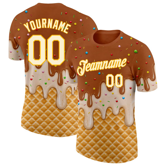 Custom Chocolate Brown Cream-Gold Ice Cream Waffle Foodie Dessert Performance T-Shirt - Main View