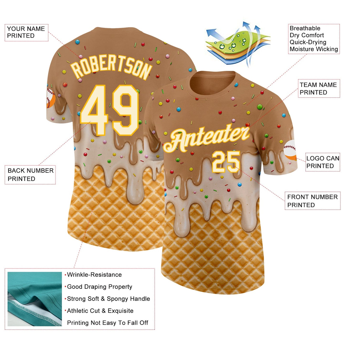 Custom Tan Cream-Gold Ice Cream Waffle Foodie Dessert Performance T-Shirt view 2