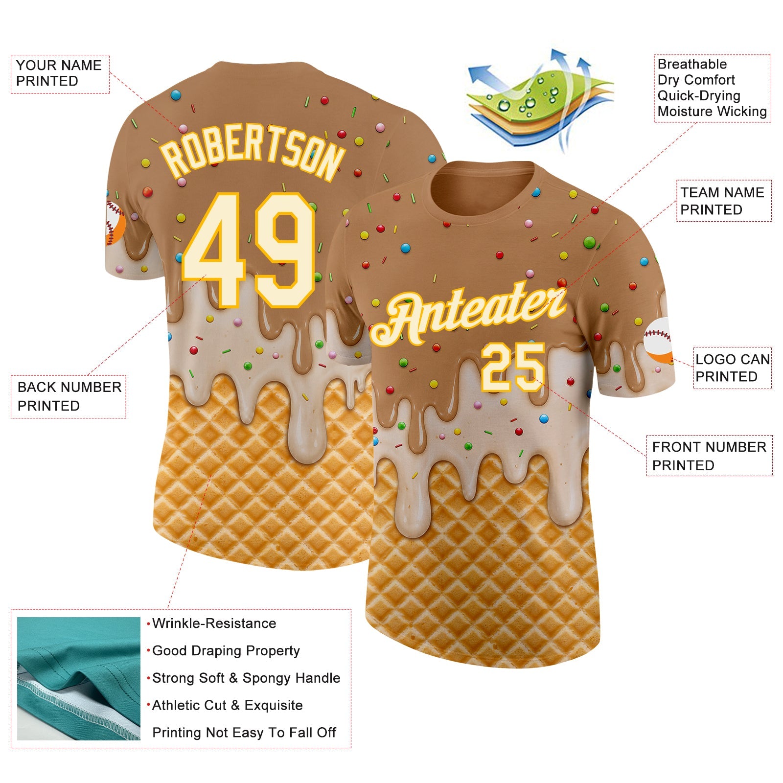 Custom Tan Cream-Gold Ice Cream Waffle Foodie Dessert Performance T-Shirt view 2