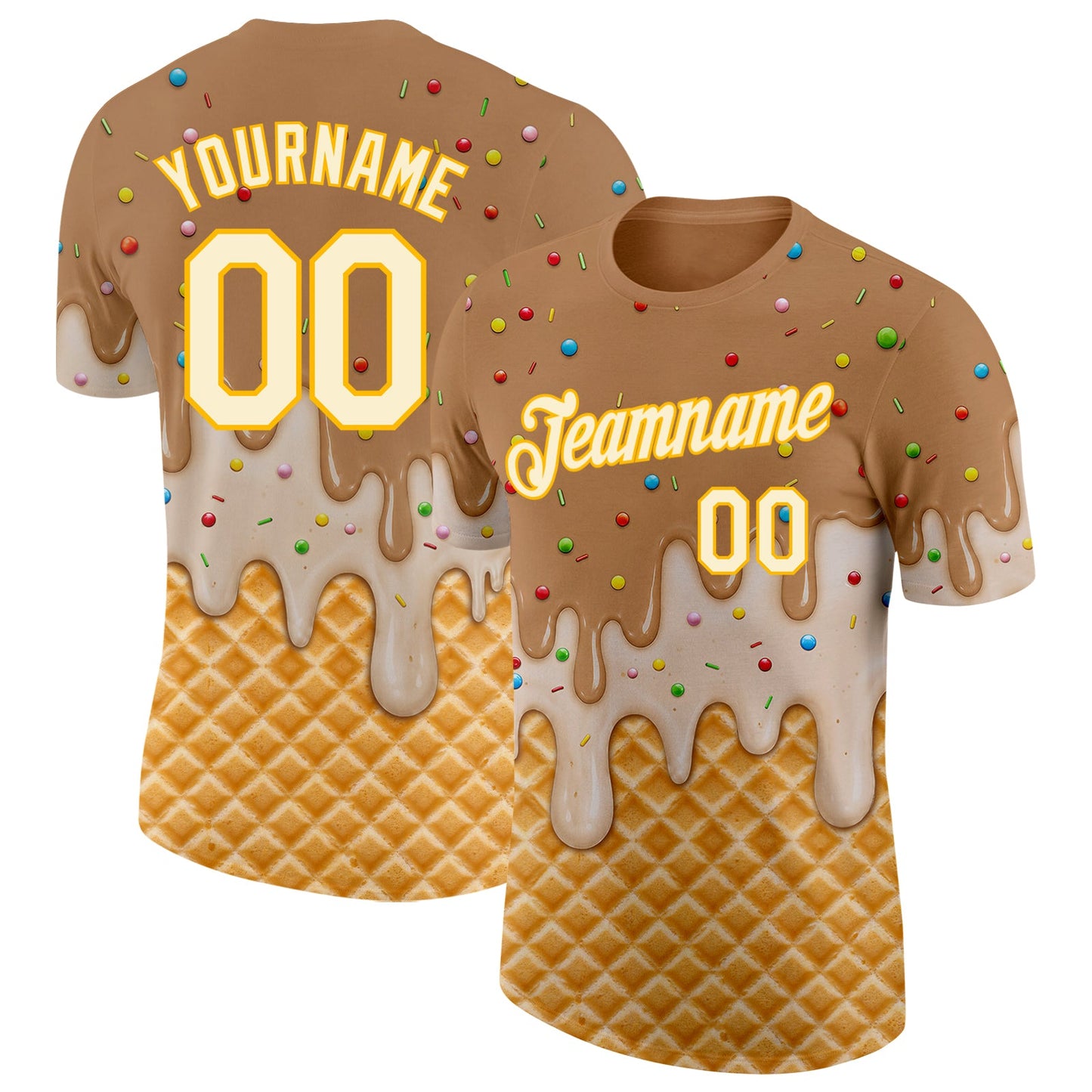 Custom Tan Cream-Gold Ice Cream Waffle Foodie Dessert Performance T-Shirt - Main View