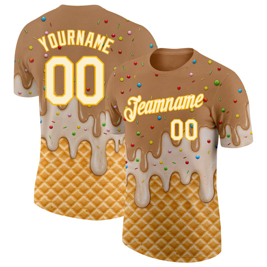 Custom Tan Cream-Gold Ice Cream Waffle Foodie Dessert Performance T-Shirt - Main View