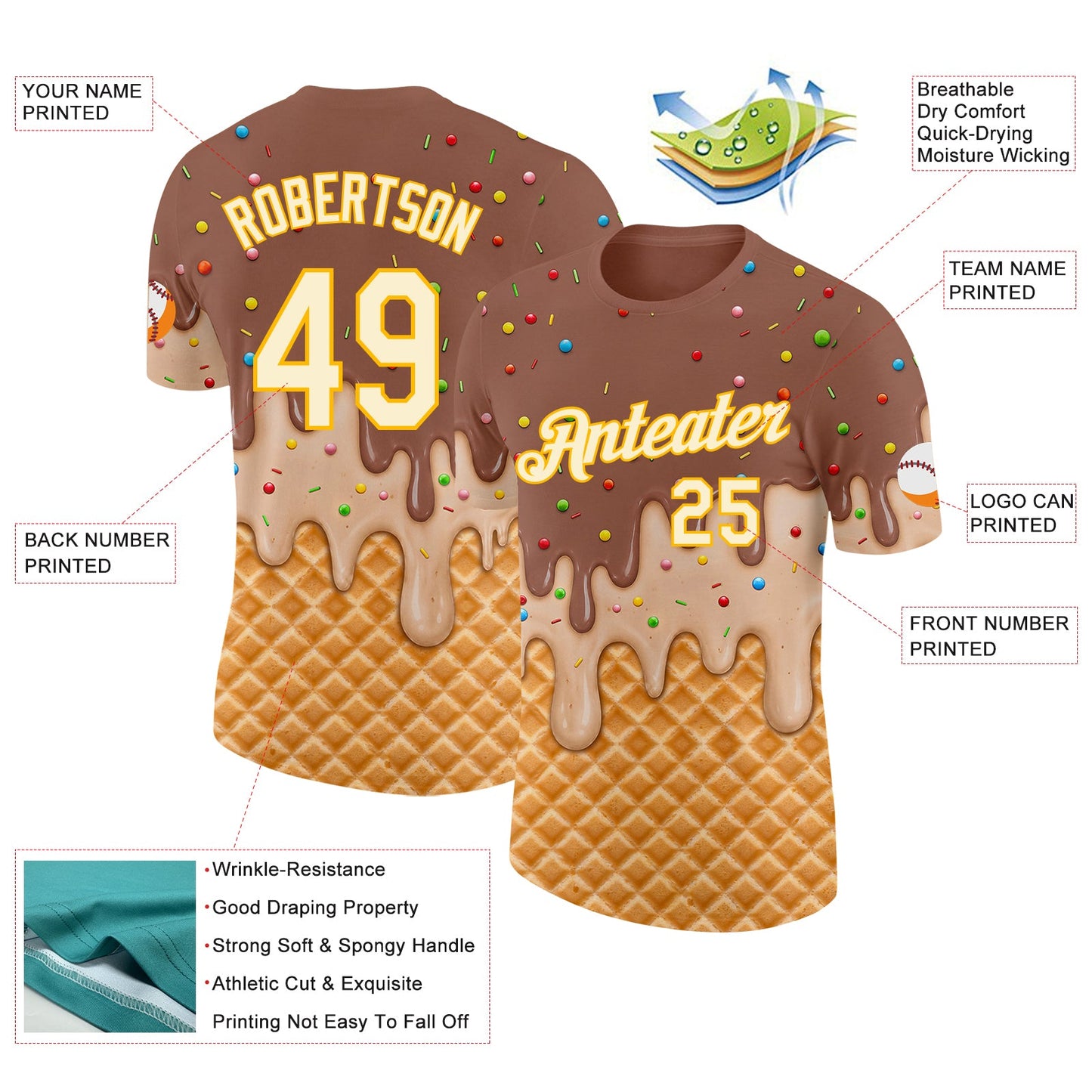 Custom Caramel Brown Cream-Gold Ice Cream Waffle Foodie Dessert Performance T-Shirt view 2