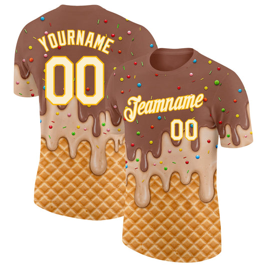 Custom Caramel Brown Cream-Gold Ice Cream Waffle Foodie Dessert Performance T-Shirt - Main View