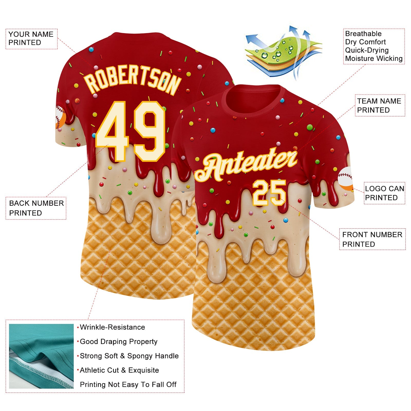 Custom Red Cream-Gold Ice Cream Waffle Foodie Dessert Performance T-Shirt view 2