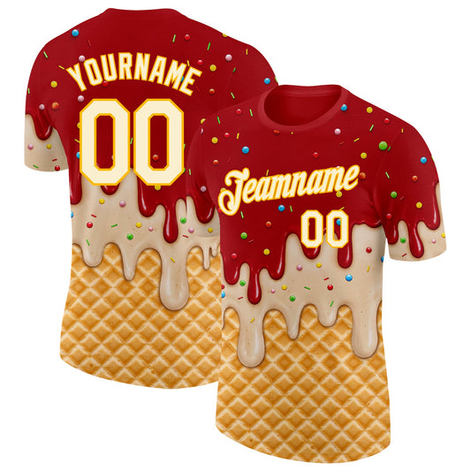 Custom Red Cream-Gold Ice Cream Waffle Foodie Dessert Performance T-Shirt - Main View