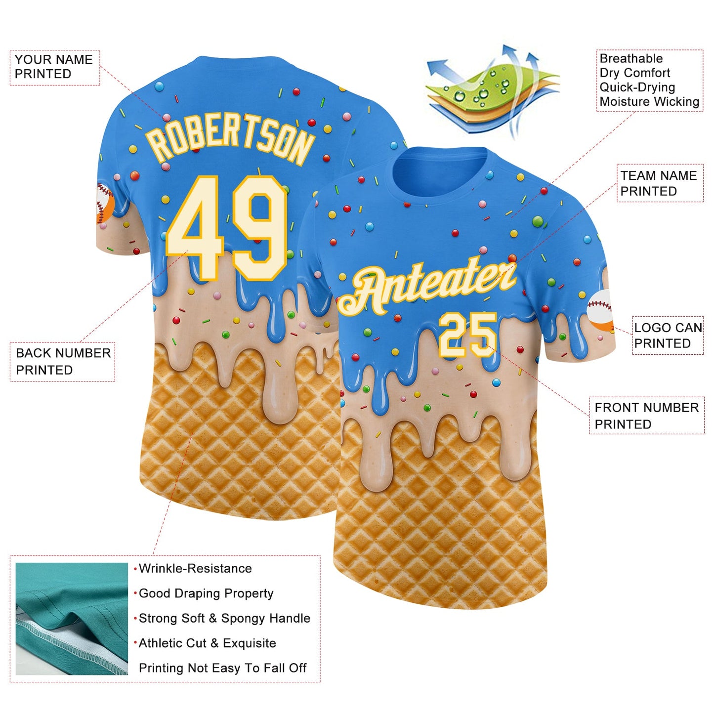 Custom Powder Blue Cream-Gold Ice Cream Waffle Foodie Dessert Performance T-Shirt view 2