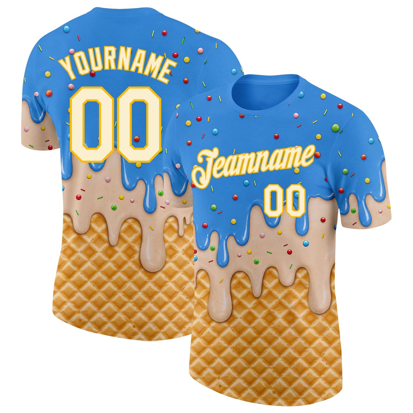 Custom Powder Blue Cream-Gold Ice Cream Waffle Foodie Dessert Performance T-Shirt - Main View