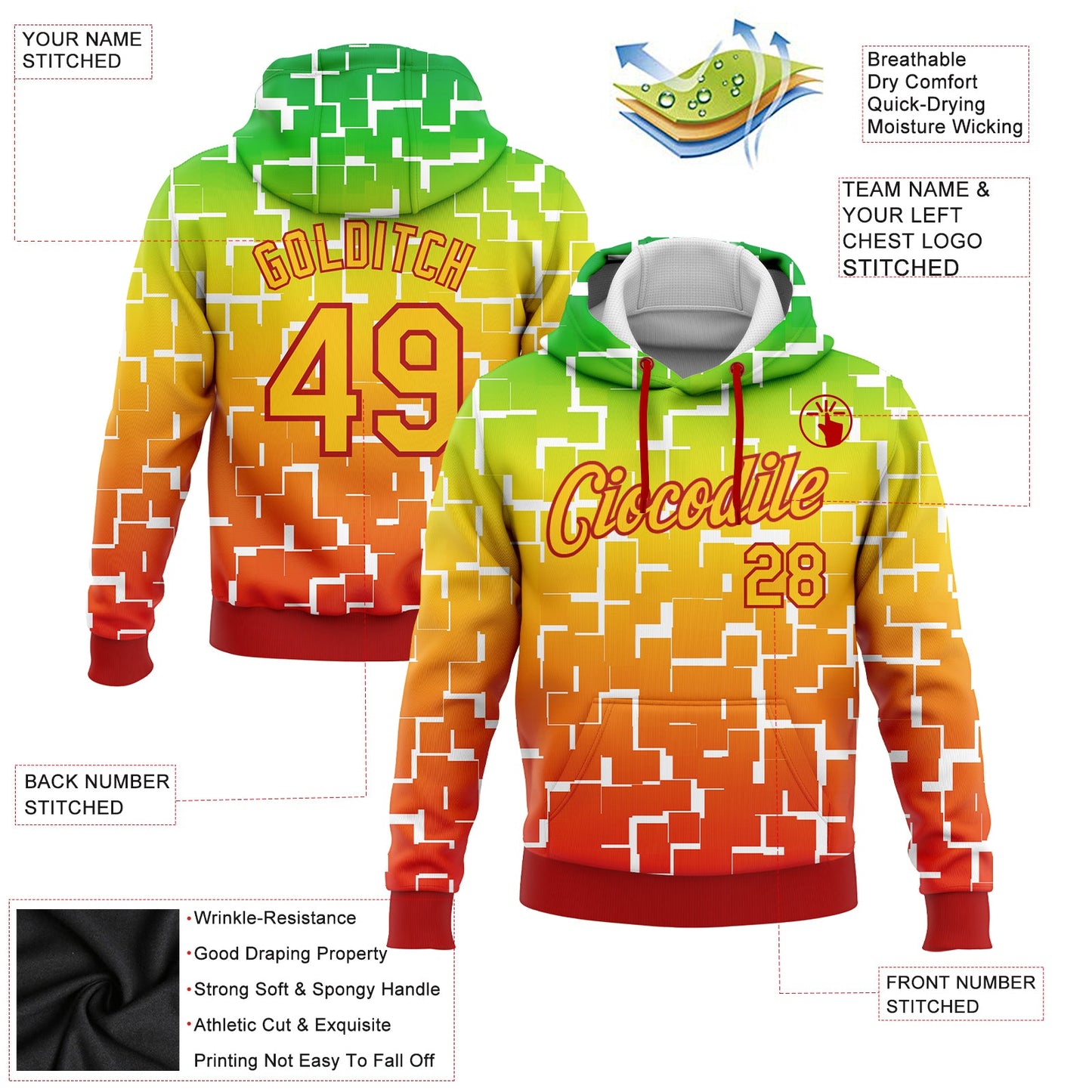 Custom Stitched Green Yellow-Red 3D Pattern Design Black History Month Sports Pullover Sweatshirt Hoodie view 2