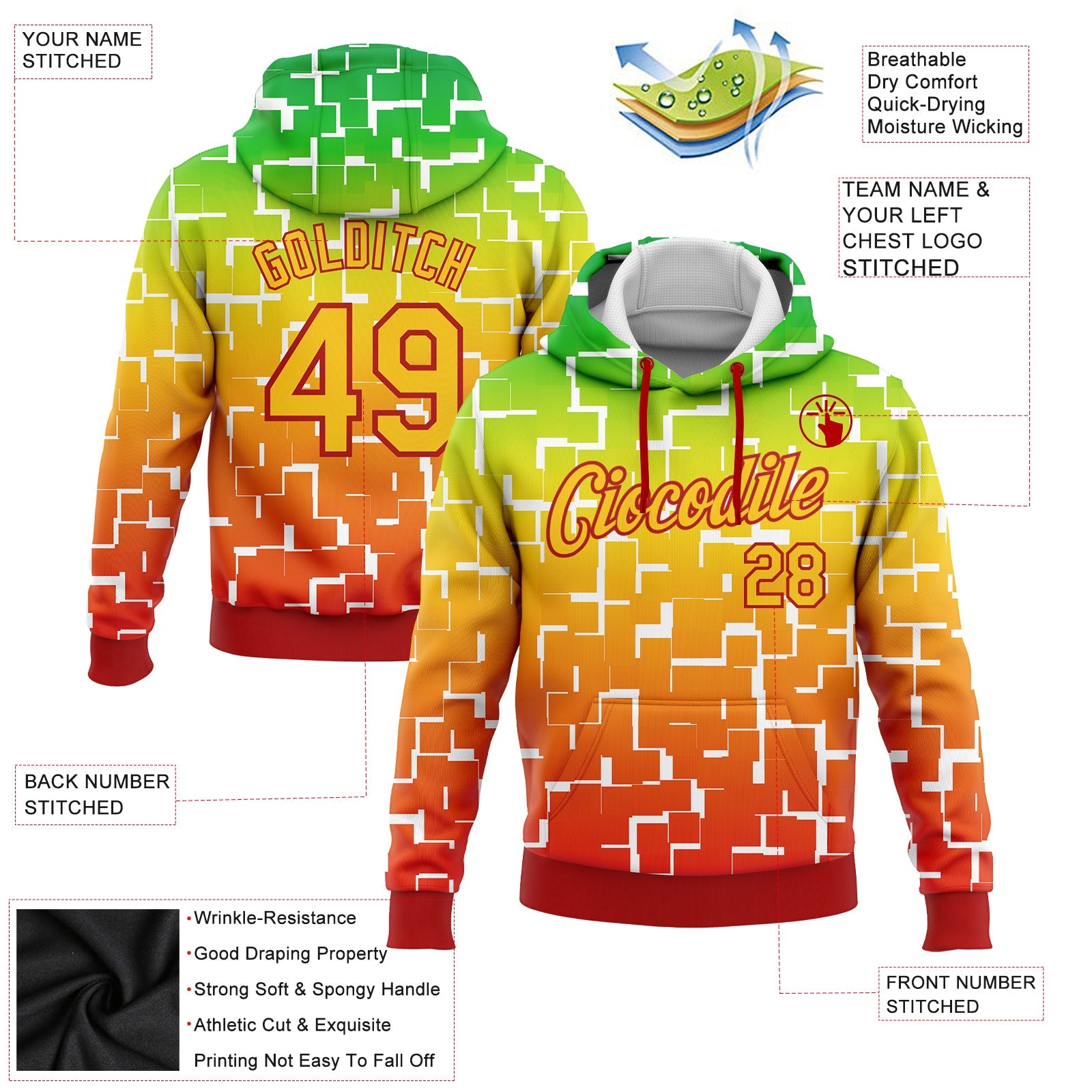 Custom Stitched Green Yellow-Red 3D Pattern Design Black History Month Sports Pullover Sweatshirt Hoodie view 2