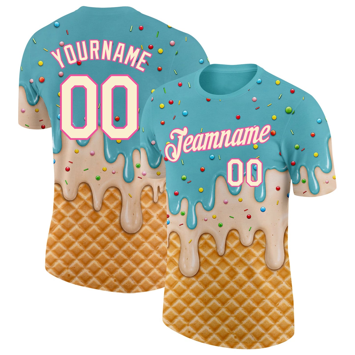 Custom Mint Aqua Cream-Pink Ice Cream Waffle Foodie Dessert Performance T-Shirt - Main View