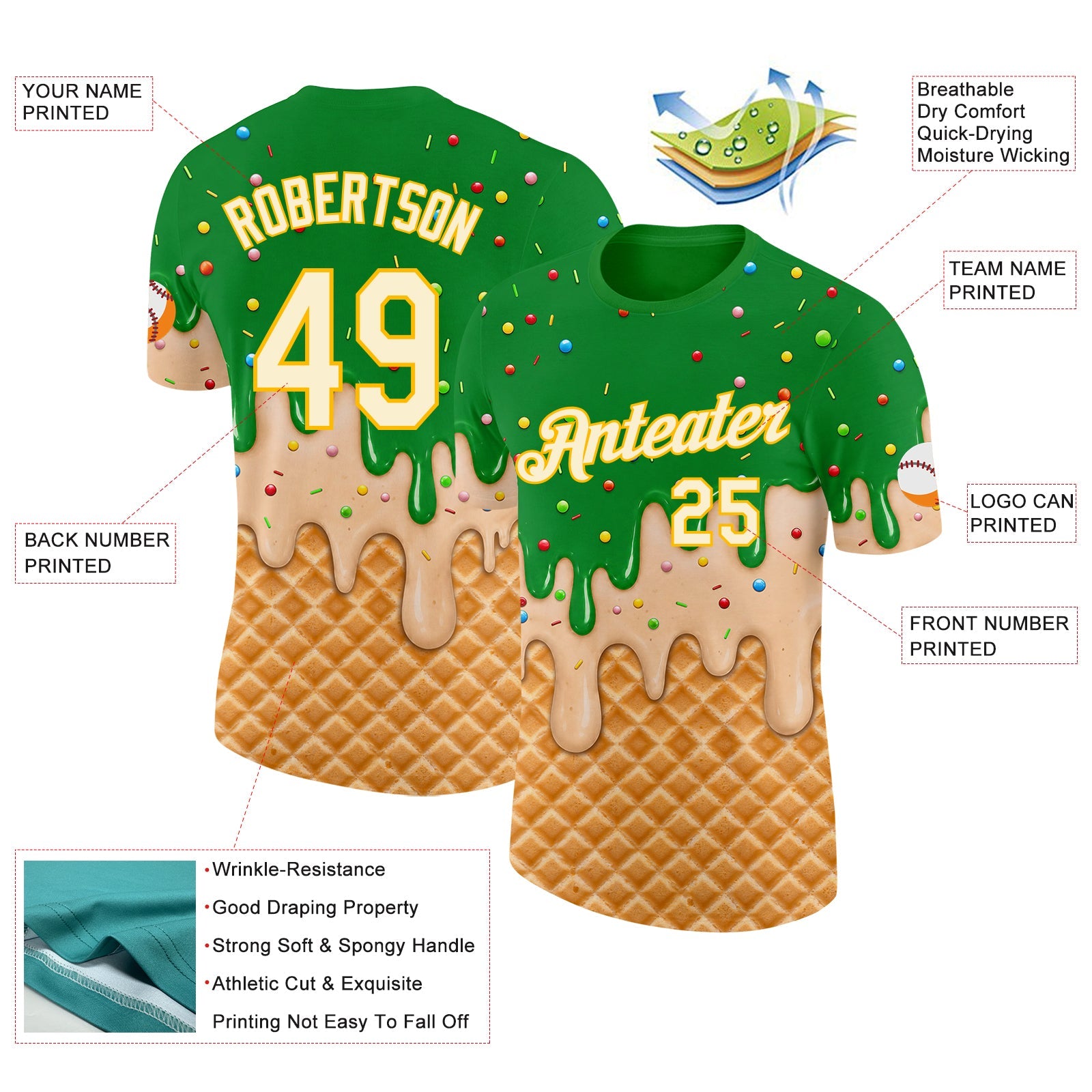 Custom Light Kelly Green Cream-Gold Ice Cream Waffle Foodie Dessert Performance T-Shirt view 2