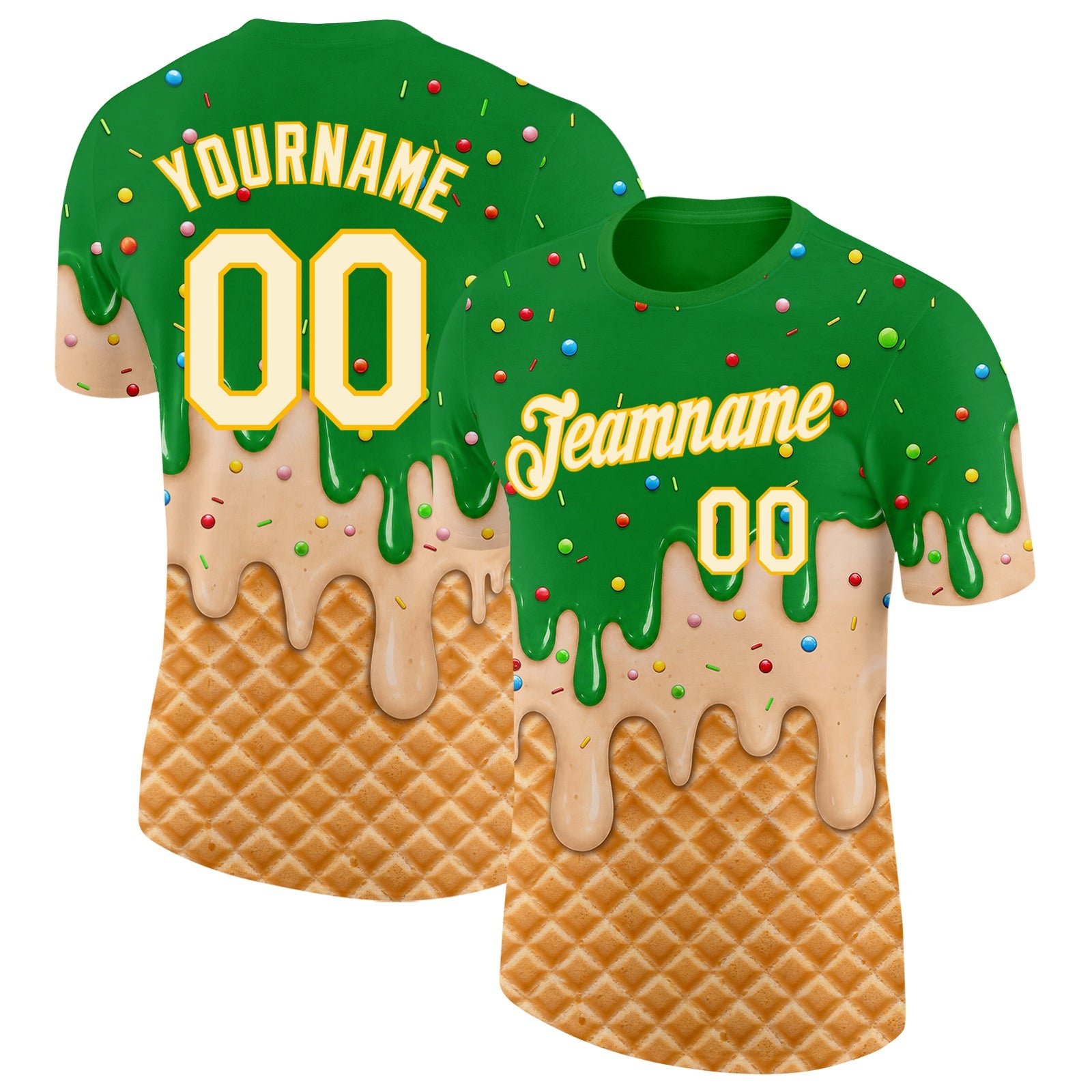 Custom Light Kelly Green Cream-Gold Ice Cream Waffle Foodie Dessert Performance T-Shirt - Main View