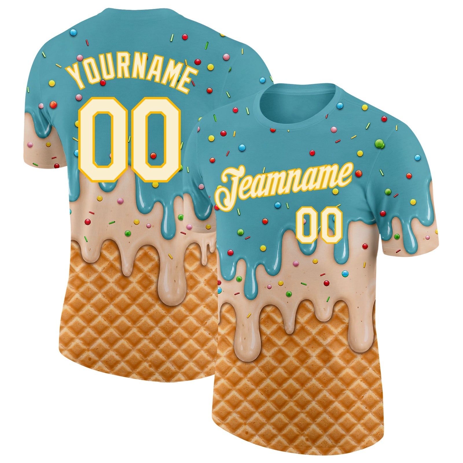 Custom Mint Aqua Cream-Gold Ice Cream Waffle Foodie Dessert Performance T-Shirt - Main View