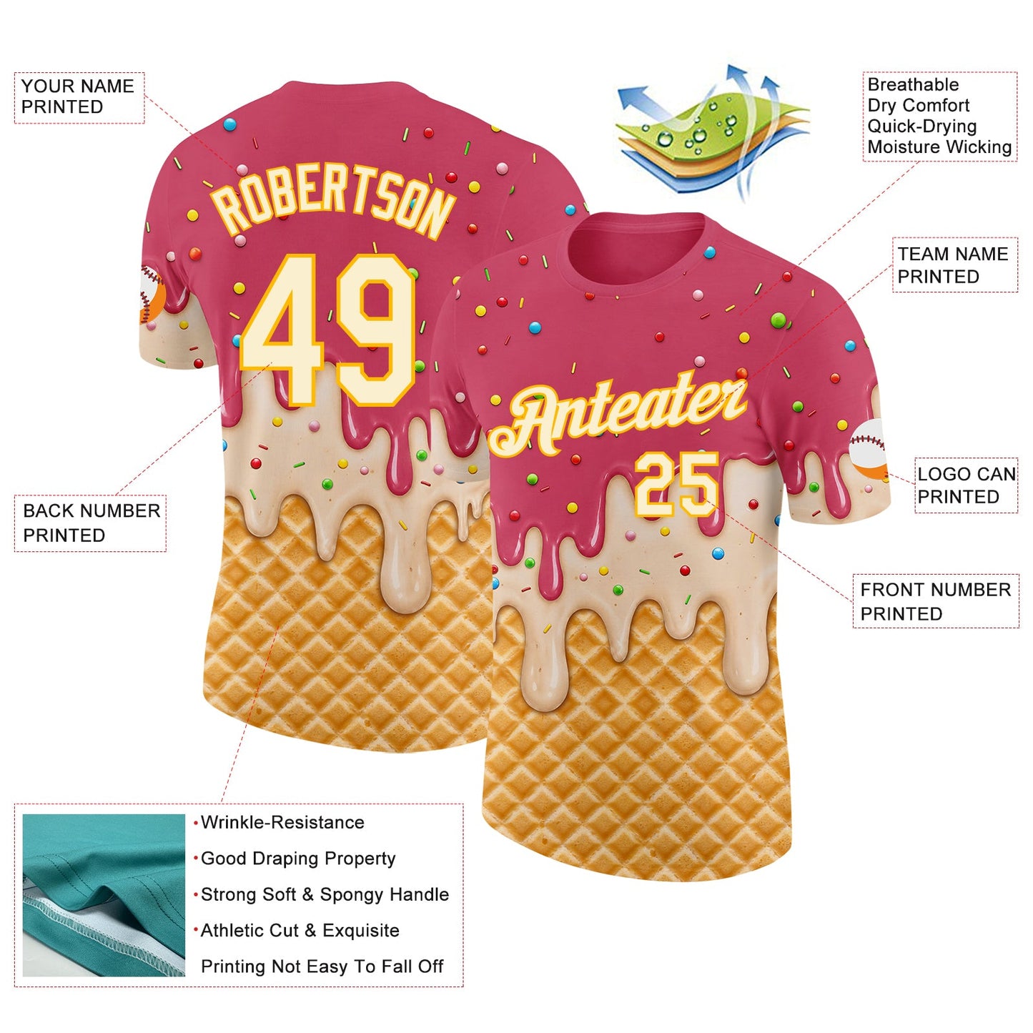 Custom Medium Red Cream-Gold Ice Cream Waffle Foodie Dessert Performance T-Shirt view 2