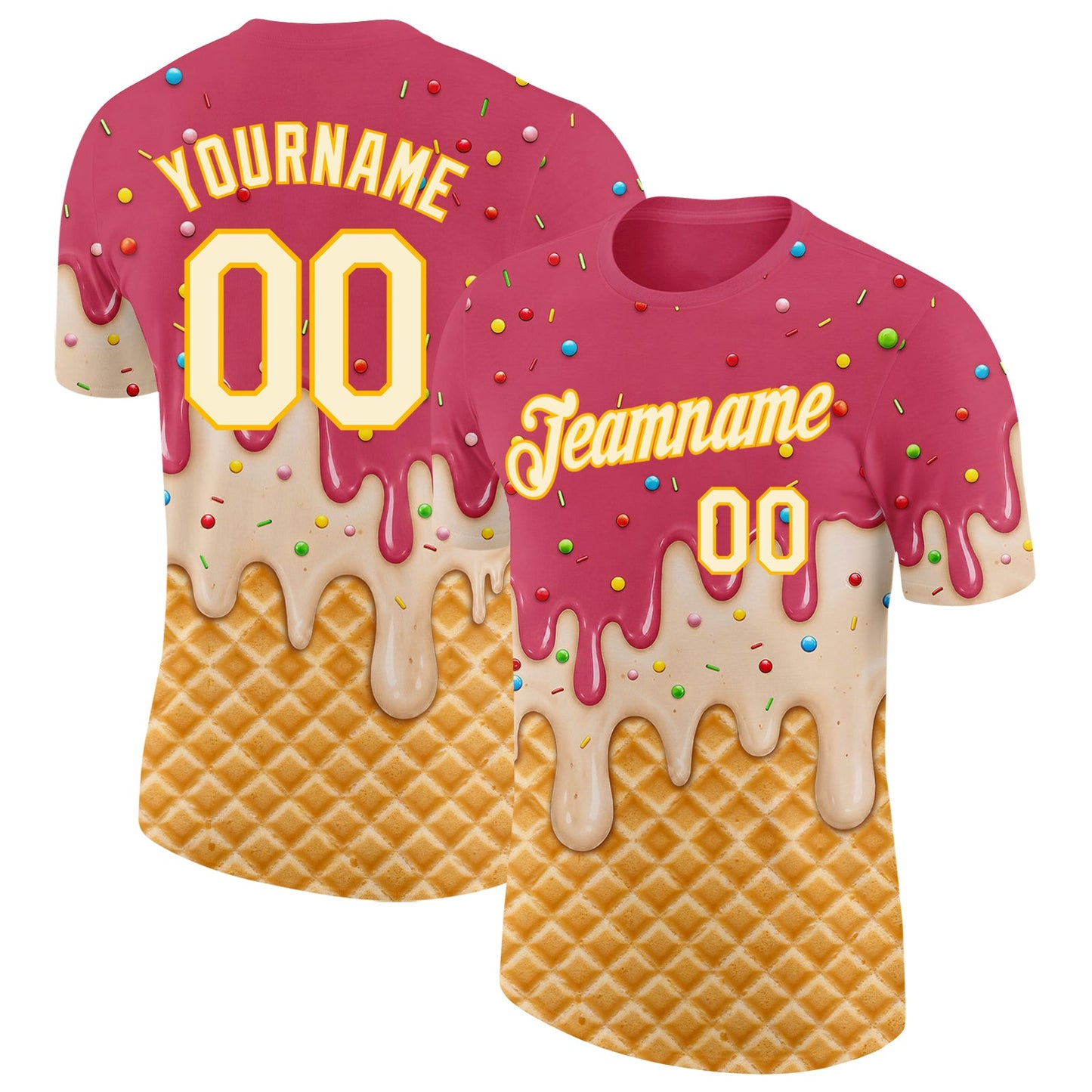 Custom Medium Red Cream-Gold Ice Cream Waffle Foodie Dessert Performance T-Shirt - Main View