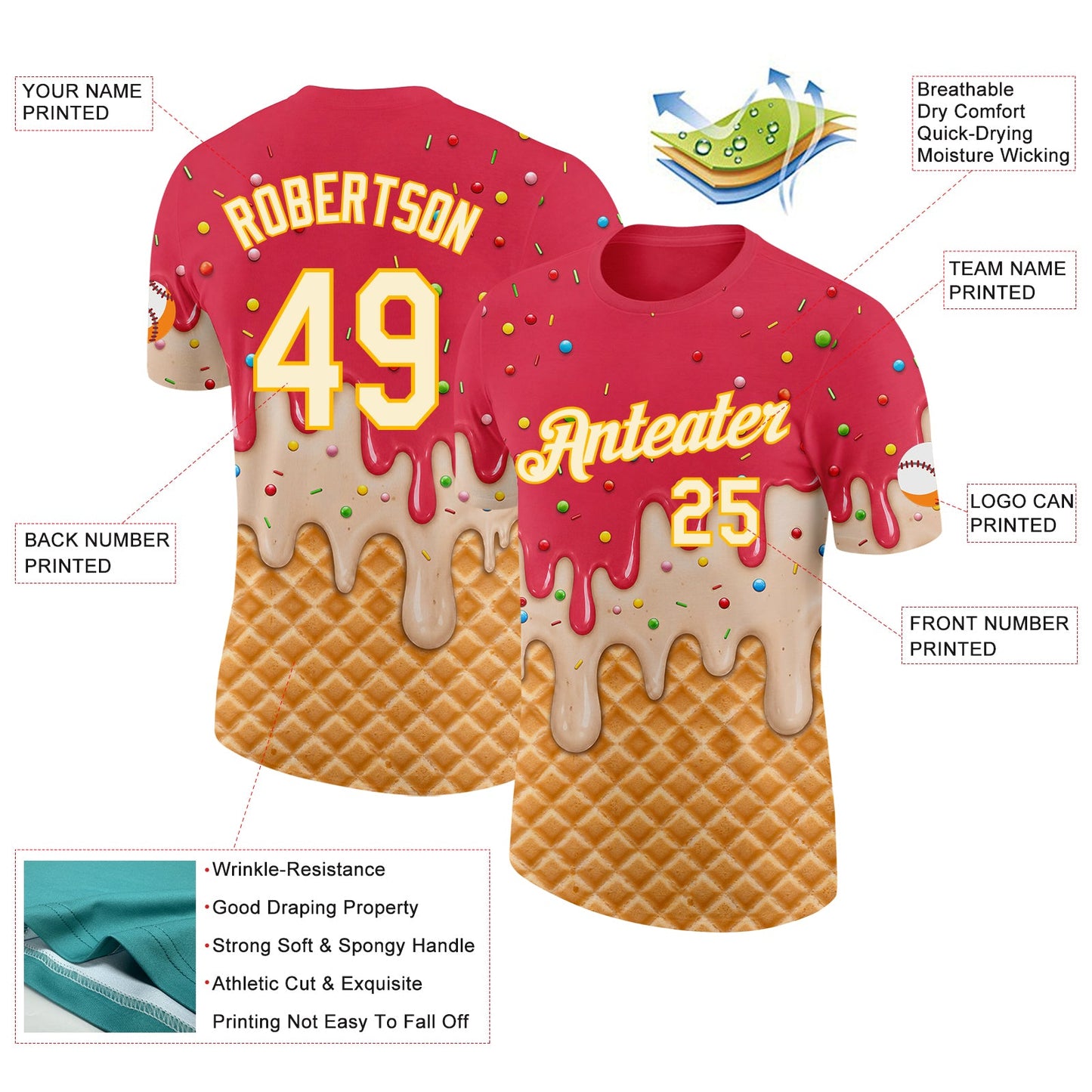 Custom Coral Red Cream-Gold Ice Cream Waffle Foodie Dessert Performance T-Shirt view 2