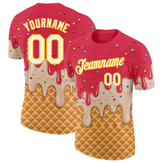 Custom Coral Red Cream-Gold Ice Cream Waffle Foodie Dessert Performance T-Shirt - Main View
