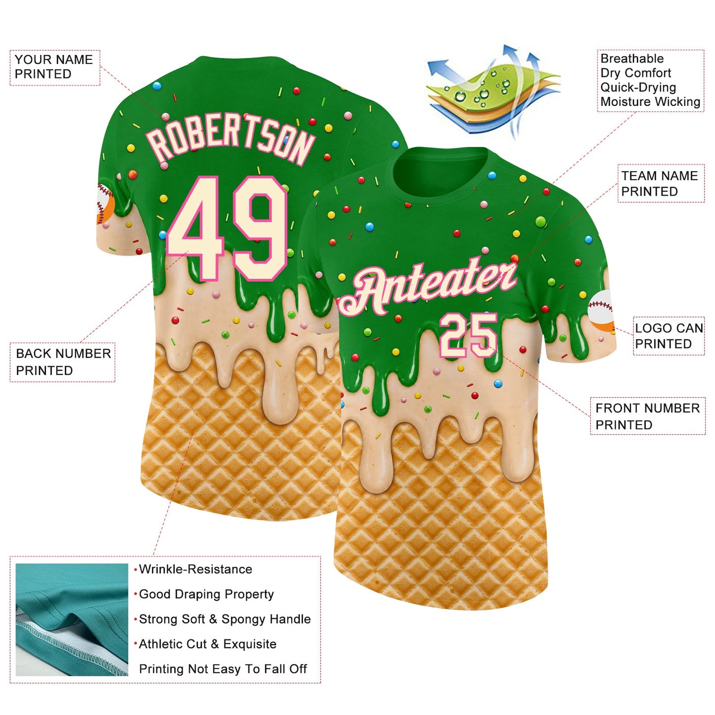 Custom Light Kelly Green Cream-Pink Ice Cream Waffle Foodie Dessert Performance T-Shirt view 2