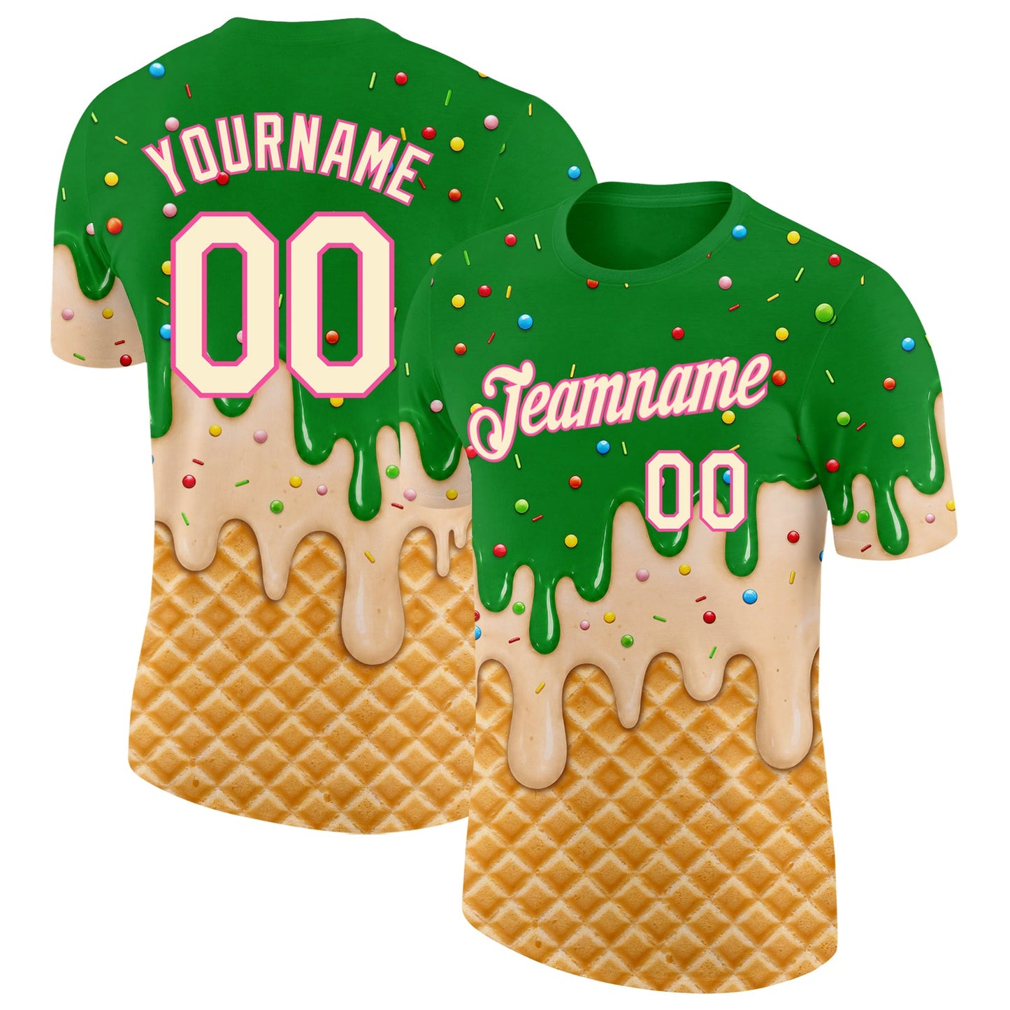 Custom Light Kelly Green Cream-Pink Ice Cream Waffle Foodie Dessert Performance T-Shirt - Main View